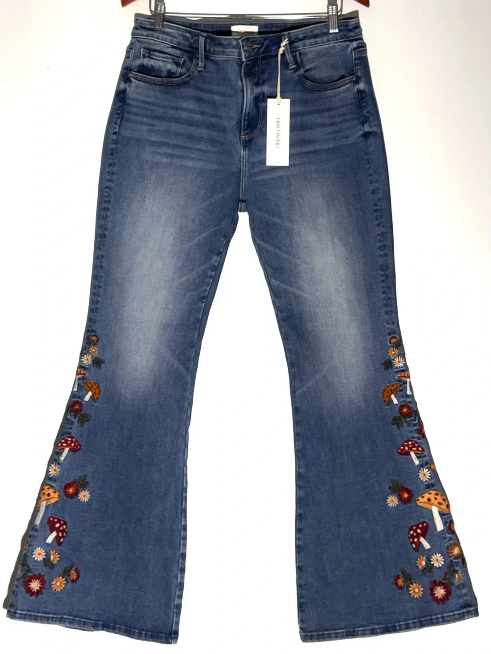 NEW Free People x Driftwood Farrah Embroidered Flare Jeans Mushroom 32